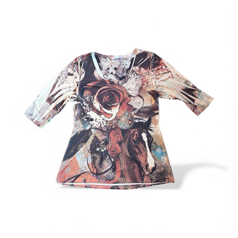 Graphic Western 90s mom Top with Horse and Rose Design Women’s L